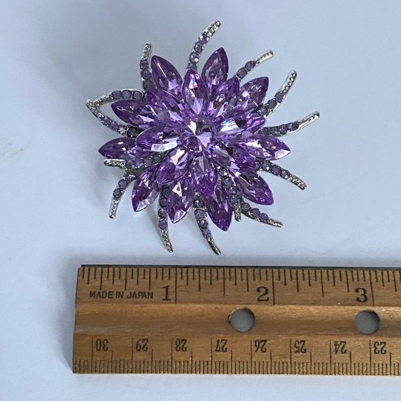 Purple Rhinestones Flower Large Crystal Floral Brooch Silver Tone 2.5in - Picture 11 of 11